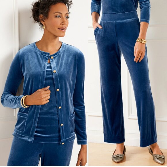 TALBOTS Matching Set Stretch Velvet Cardigan & Straight Leg Pants Blue Size XLP - Picture 13 of 13